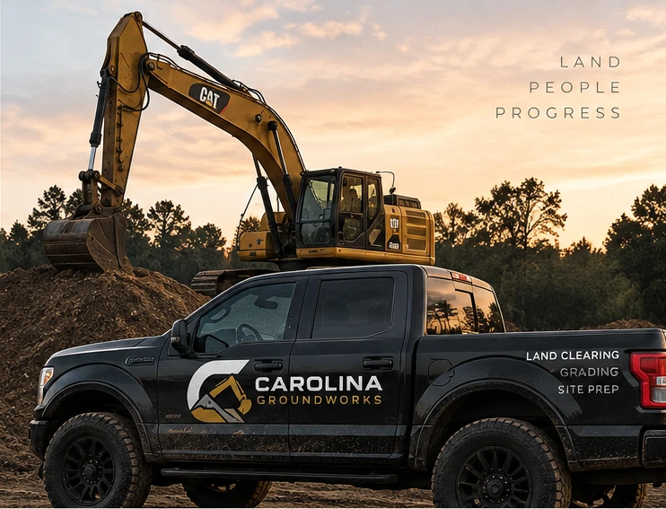 Excavator and Carolina Groundworks work truck in the company’s brand imagery
